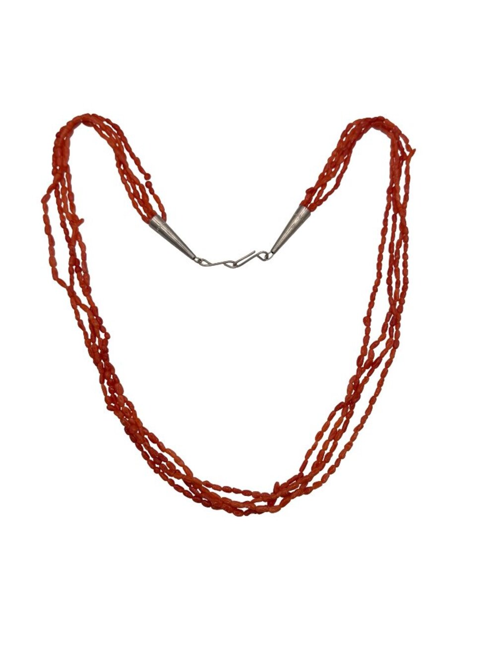 Vintage Navajo 4 Strand Red Coral Beaded Necklace Sterling Silver Clasp 25"
